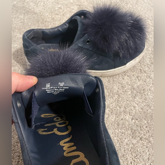 Sam Edelman Leather Sneaker with Faux Fur Pompoms Blue Suede Size 8 - Picture 6 of 8